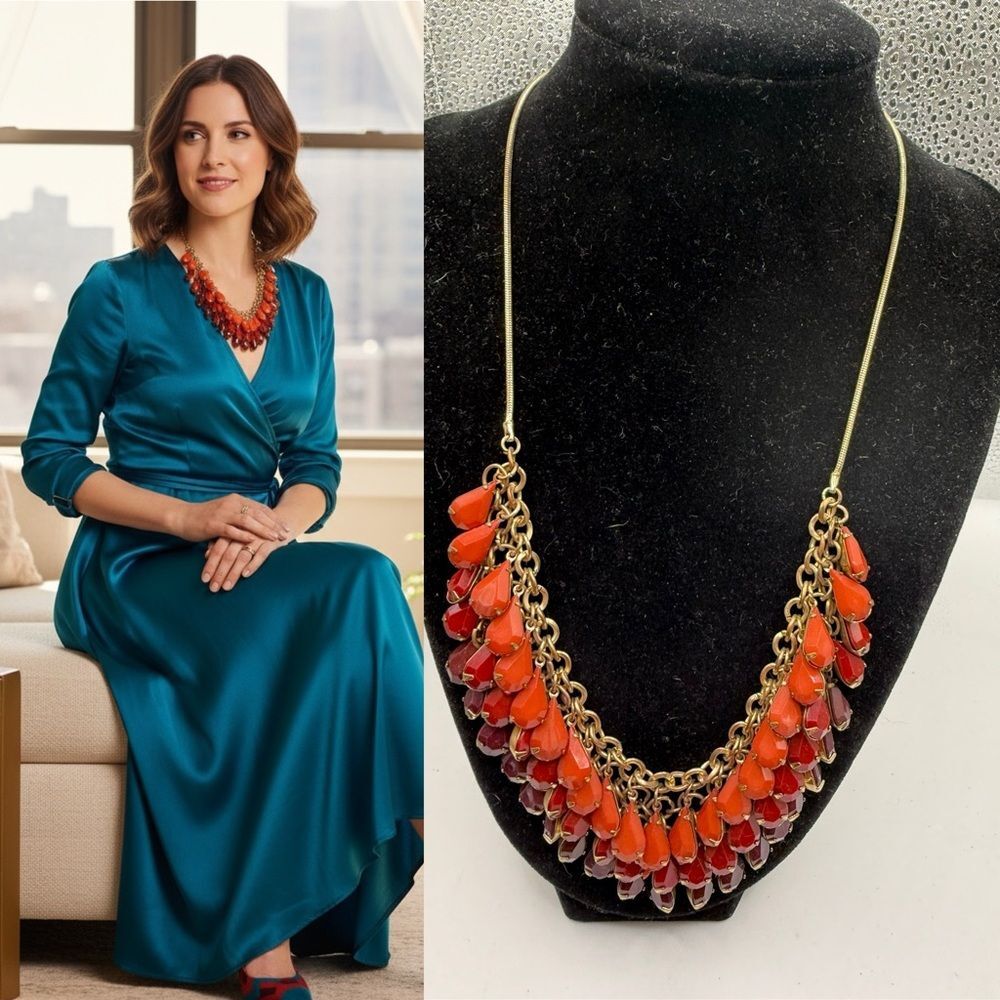 Statement Coral Orange Teardrop Bib Necklace Gold Tone Boho Chunky